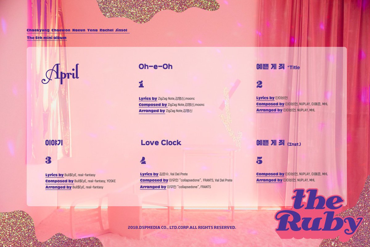 APRIL_RPBR's tweet photo. [#APRIL]

#the_Ruby
2021.03.26 1th Mini Album 'the Ruby'
Track List
#예쁜게죄 #Oh-e-Oh #이야기 #LoveClock
#윤채경 #김채원 #이나은 #양예나 #레이첼 #이진솔
#에이프릴 https://t.co/xe0y58cvrh