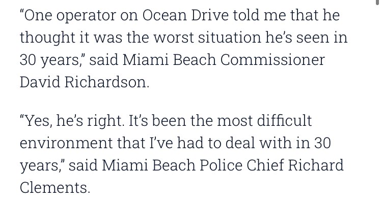 For those claiming this is "normal for spring break", it's not. And trying to normalize this helps no one This started to get real bad in 2019ish and is so bad even the police chief calls it the worse he has seen in 30 years. https://wsvn.com/news/local/miami-dade/brawl-outside-ocean-drive-nightclub-leads-to-shots-fired-drawing-concerns/