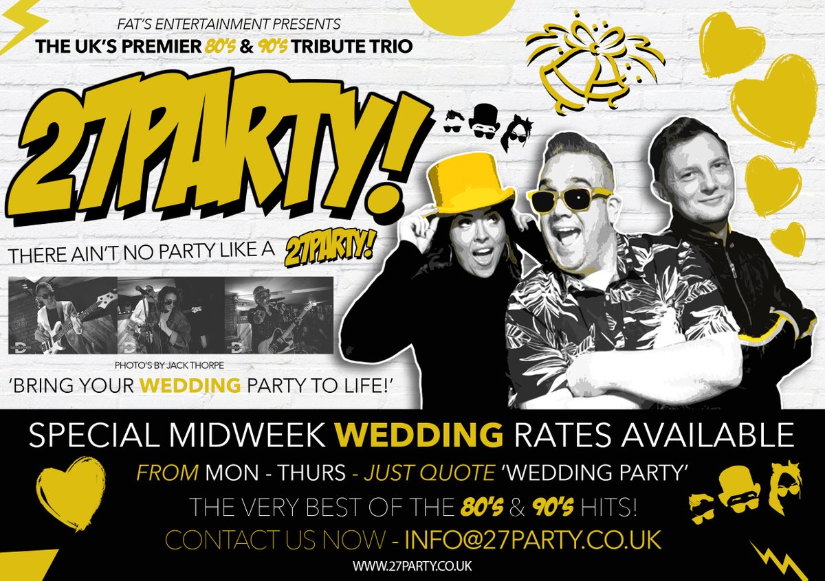 We're very excited to announce that we're now booking for Weddings in 2022 & have special midweek rates for dates booked Monday - Thursday.

To make enquiries email: info@27party.co.uk 

#80s #90s #wedding #weddingband #80smusic #90sMusic #PartyBand #80stribute #90stribute