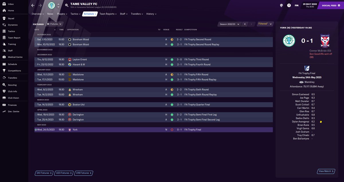 tamevalleyfc's tweet photo. Tame Valley have reached their 1st cup final of the save! Unfortunately, they lost 1-0 to York in the FA Trophy. #FM21 https://t.co/q9dfs4RhfY