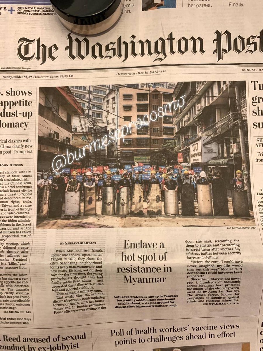 BoRam10220's tweet photo. SanChaung frontline on cover of March 21 released Washington post Sunday early edition.
FREEDOM OF SPEECH 
#WhatsHappeningInMyanmar 
#Mar21Coup https://t.co/nJCz9dODfK