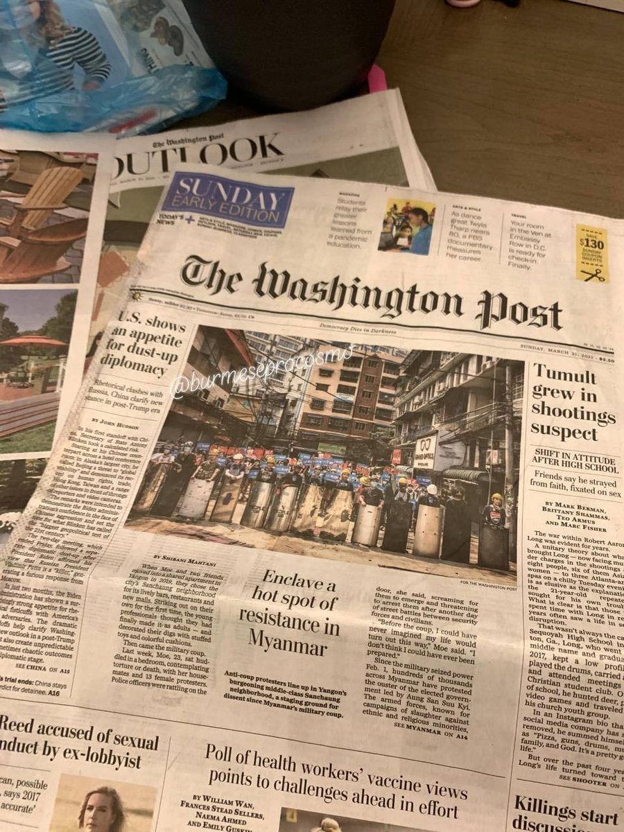 BoRam10220's tweet photo. SanChaung frontline on cover of March 21 released Washington post Sunday early edition.
FREEDOM OF SPEECH 
#WhatsHappeningInMyanmar 
#Mar21Coup https://t.co/nJCz9dODfK