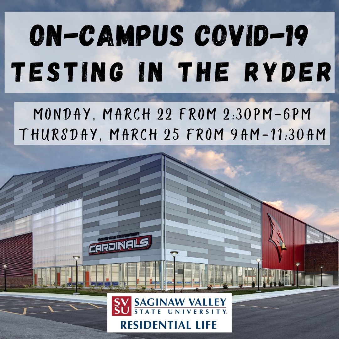 On-campus Covid-19 testing is still available! There are times on both Monday and Thursday! Make sure that you take advantage if you are selected to get tested. It is especially important if you went somewhere over Spring Break! #Practice5 #MaskUpCards #SVSUResLife #svsu