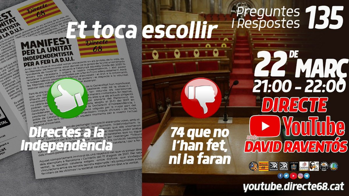 Directe 68 (@directe68) on Twitter photo El dilluns 22 de març.
👉🏻 A youtu.be/DUYXUE1iTy8
⏰De 21 a 22 h.
▶️ #DIRECTE a #YOUTUBE
"Preguntes i Respostes 135"
amb <a href="/DavidRaventos68/">David Raventós RIC</a>
👉🏻 Ara et toca escollir
👍🏻directes a la #independència amb <a href="/Directe68/">Directe 68</a>
👎🏻els 74 que no l'han fet, ni la faran.
unitatperladui.directe68.cat El dilluns 22 de març.
👉🏻 A youtu.be/DUYXUE1iTy8
⏰De 21 a 22 h.
▶️ #DIRECTE a #YOUTUBE
"Preguntes i Respostes 135"
amb <a href="/DavidRaventos68/">David Raventós RIC</a>
👉🏻 Ara et toca escollir
👍🏻directes a la #independència amb <a href="/Directe68/">Directe 68</a>
👎🏻els 74 que no l'han fet, ni la faran.
unitatperladui.directe68.cat