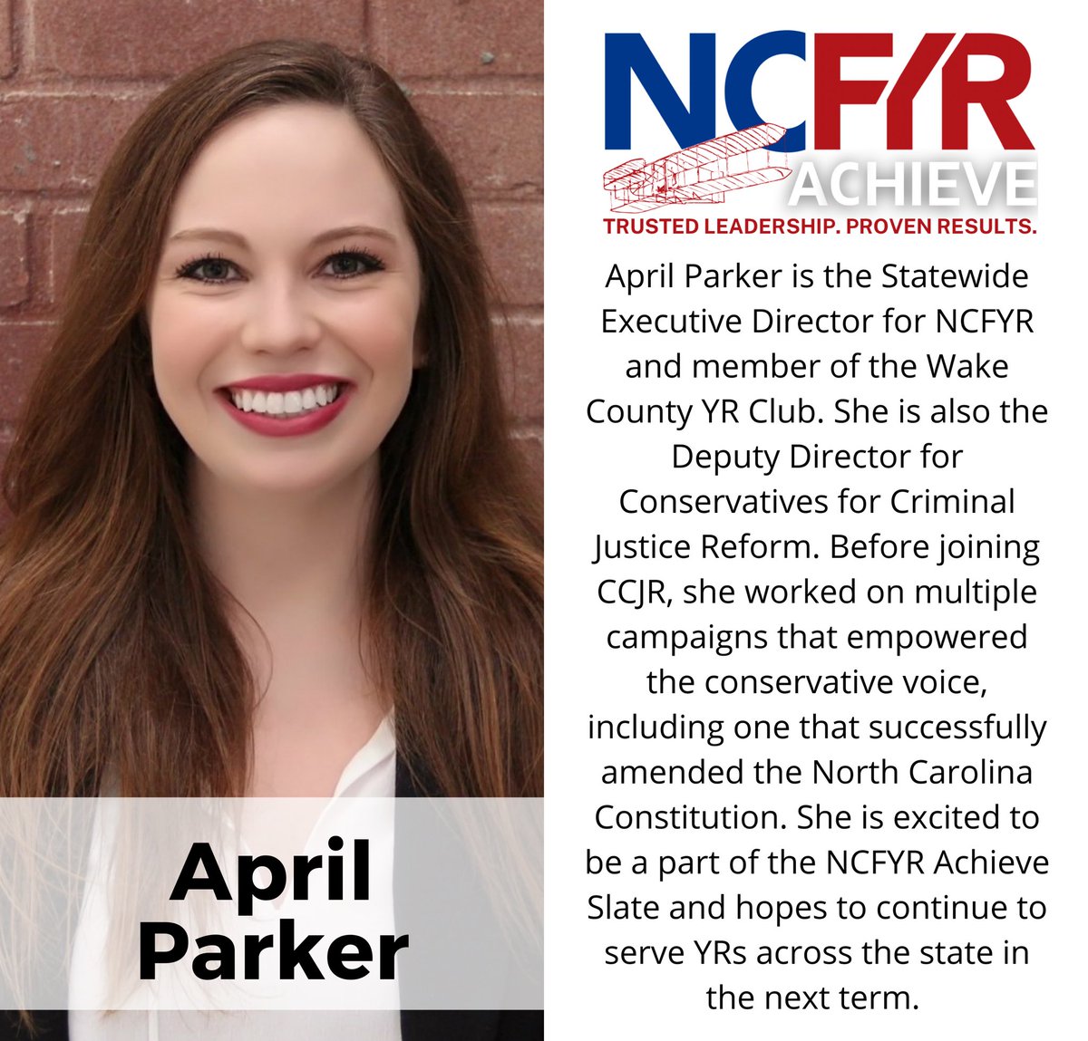 TogetherYR's tweet photo. April Parker is the Executive Director for NCFYR and member of the Wake County YRs. She is also the Deputy Director for Conservatives for Criminal Justice Reform. Before joining CCJR, she worked on multiple campaigns that empowered the conservative voice. #NCFYRAchieve #ncgop https://t.co/dmxUMU5PJG