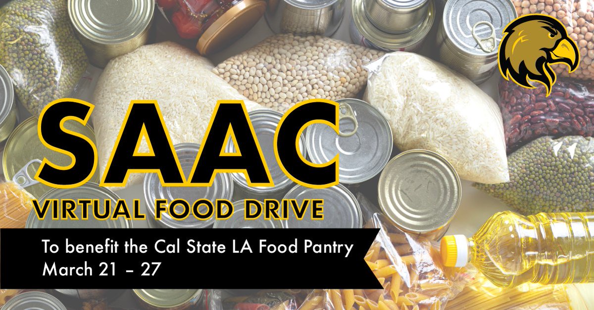 Student athletes with the <a href="/CalStateLASAAC/">Cal State LA SAAC</a> are hosting a virtual food drive to support the #CalStateLA Food Pantry.  Donate March 21 – 27 at bit.ly/2NrC7UO.