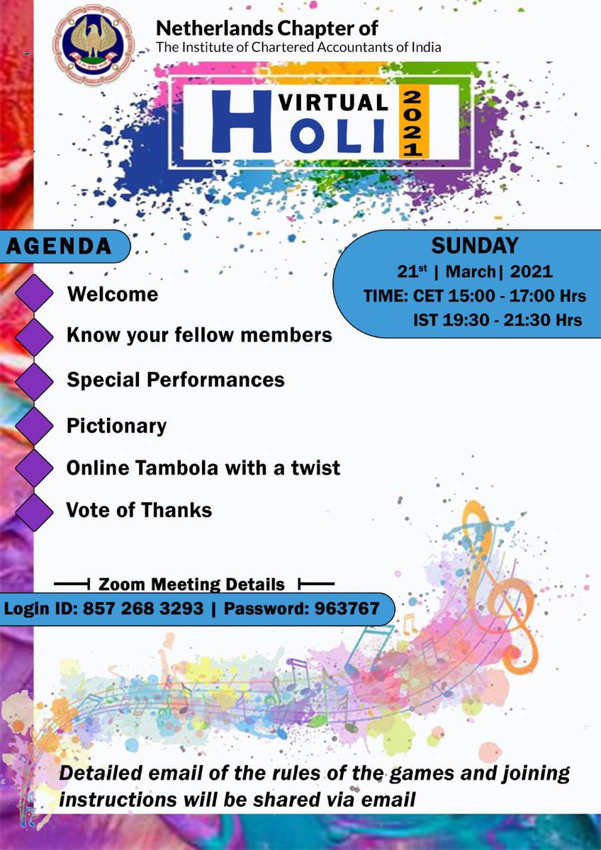 ICAI Netherlands Chapter celebrated today Virtual Holi 2021 event with its members.

Thank you everyone for joining the event and making it a memorable one. We had a pleasure hosting the event for you!

Wish you all a very happy Holi!