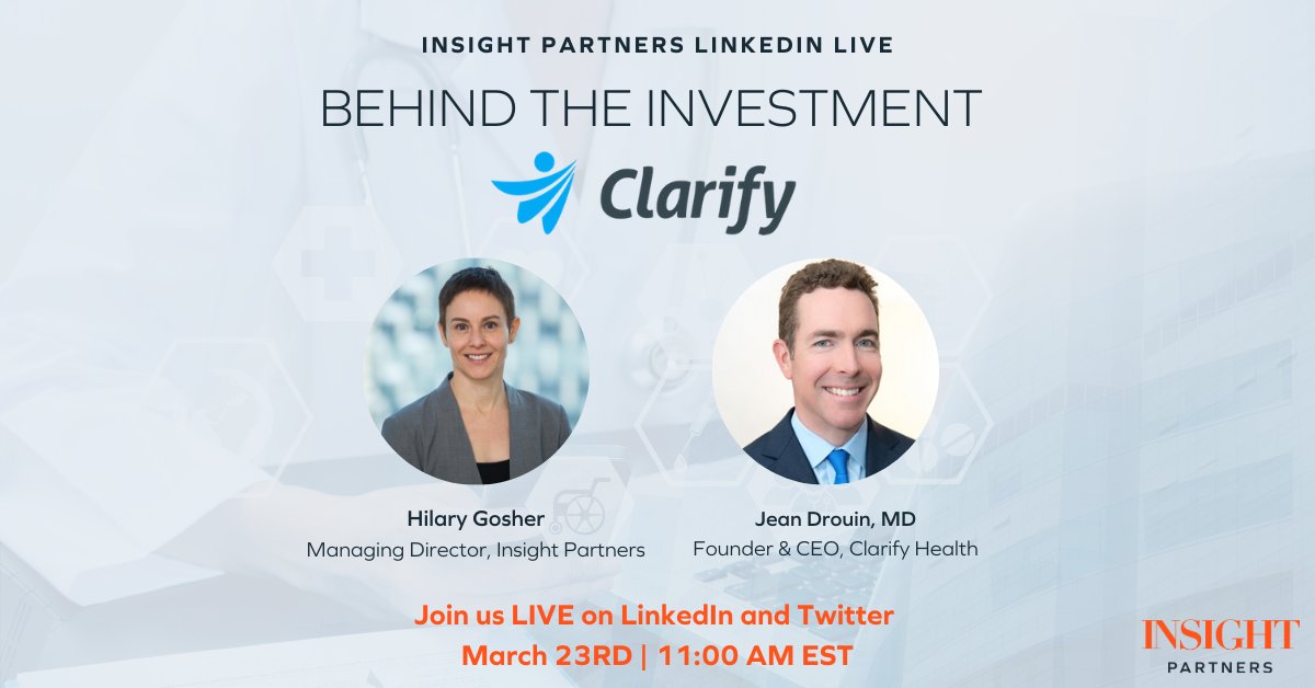 Insight Partners (@insightpartners) on Twitter photo Join Insight MD <a href="/hilbil175/">Hilary Gosher</a> and <a href="/ClarifyHealth/">Clarify Health</a> CEO <a href="/jpdrouin/">Jean Drouin, MD</a> on our <a href="/LinkedIn/">LinkedIn</a> Live, "Behind the Investment," on Tuesday at 11 am EST.
Don't miss the opportunity to hear how <a href="/ClarifyHealth/">Clarify Health</a> transforms #healthcare data into actionable insights.
Watch here: linkedin.com/company/insigh… Join Insight MD <a href="/hilbil175/">Hilary Gosher</a> and <a href="/ClarifyHealth/">Clarify Health</a> CEO <a href="/jpdrouin/">Jean Drouin, MD</a> on our <a href="/LinkedIn/">LinkedIn</a> Live, "Behind the Investment," on Tuesday at 11 am EST.
Don't miss the opportunity to hear how <a href="/ClarifyHealth/">Clarify Health</a> transforms #healthcare data into actionable insights.
Watch here: linkedin.com/company/insigh…