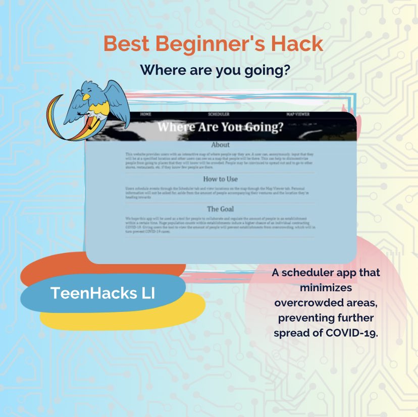 TeenHacksLI's tweet photo. Throwback to our Fall 2020 event!!
.
Congrats to our winners...
.
⭐️ “Where Are You Going?” for winning Best Beginners Hack! 
.
⭐️ “NRG” for winning People’s Choice Awards! 
.
Look out for our Spring 2021 event on https://t.co/oJxZeEBL86 and stay hacking! 🤩🤩🤩 https://t.co/pN3ksznbHI