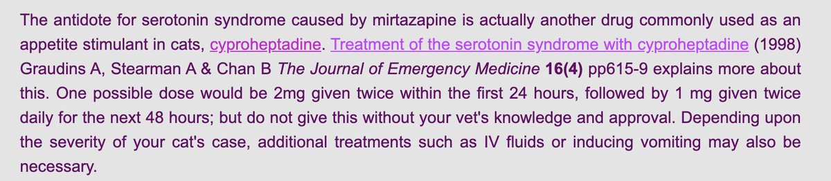 What's funny is that cyproheptadine for serotonin syndrome is an uncontroversial treatment, practically a home remedy, for cats with chronic kidney disease.  https://www.felinecrf.org/persuading_cat_to_eat.htm