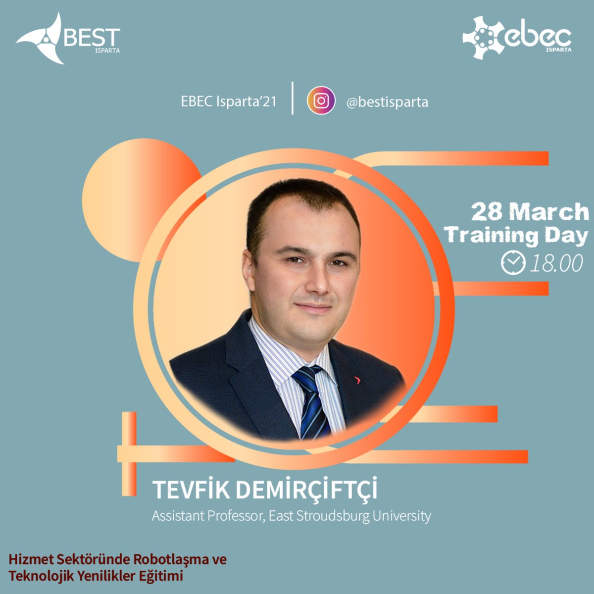 EBEC Isparta'21 etkinliğimizin 28 Mart 18.00'da olan oturumunda eğitmenimiz Tevfik Demirçiftçi bizlerle "Hizmet Sektöründe Robotlaşma ve Teknolojik Yenilikler" eğitimini verecektir.

Katılım Formu:docs.google.com/forms/d/e/1FAI…