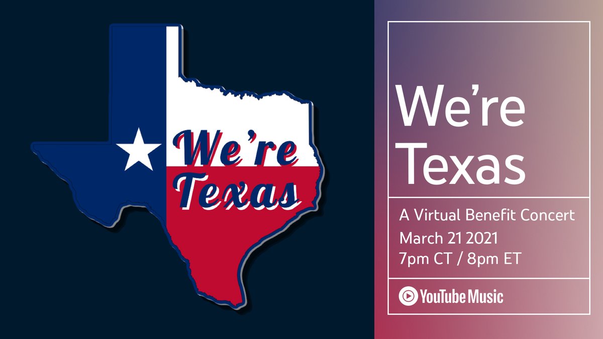 🔴 [LIVE]: Show your support! <a href="/McConaughey/">Matthew McConaughey</a> &amp; <a href="/iamcamilaalves/">Camila Alves</a> present the We’re Texas virtual benefit concert to help Texans recover from February’s historic winter storm. Tune in at 7pm CT for performances by <a href="/KaceyMusgraves/">K A C E Y</a>, <a href="/PostMalone/">Post Malone</a> &amp; more → yt.be/music/Texas2021