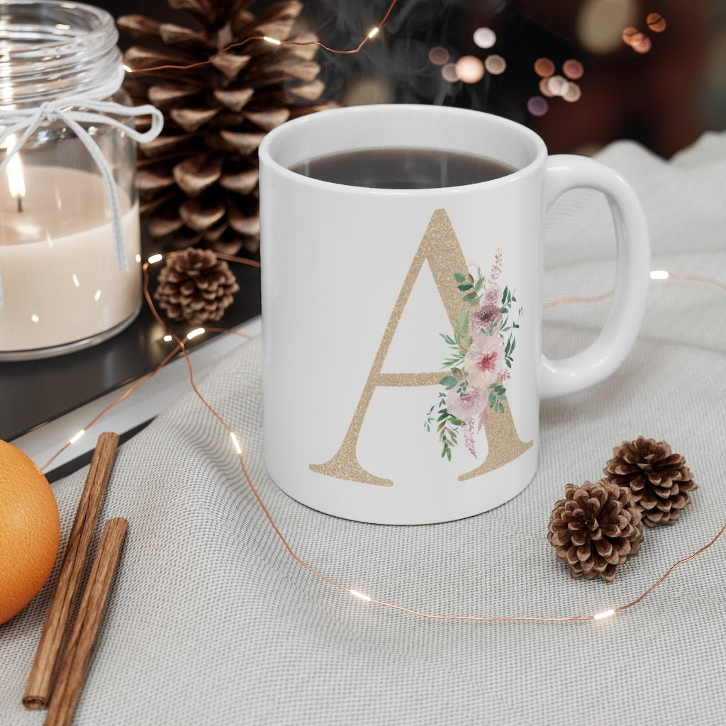 Excited to share the latest addition to my #etsy shop: Personalized Initial Mug Gold Shimmer Any Letter Floral Alphabet Tea Coffee Hot Chocolate Cup Gift For Her, Birthday Gift #PersonalizedGifts etsy.me/394E7dd #whitemug #flowers #ceramic #personalisedmug