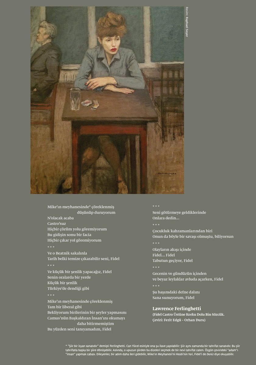 birartibirorg's tweet photo. "Mike'ın meyhanesinde çöreklenmiş düşünüp duruyorum
N'olacak acaba
Castro'suz..."

Express'in son sayısının arka kapağında #LawrenceFerlinghetti'ye veda... 
21 Mart #DünyaŞiirGünü...
#Express175 https://t.co/Gf5KUnTm4q