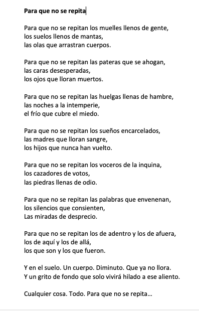 Hace un par de días escribía un texto sobre qué hacer para que no se repita el desastre migratorio en Canarias. Hoy, tras la muerte de #Nabody solo me salían versos llenos de tristeza. 
#ParaQueNoSeRepita
#FronteraSur