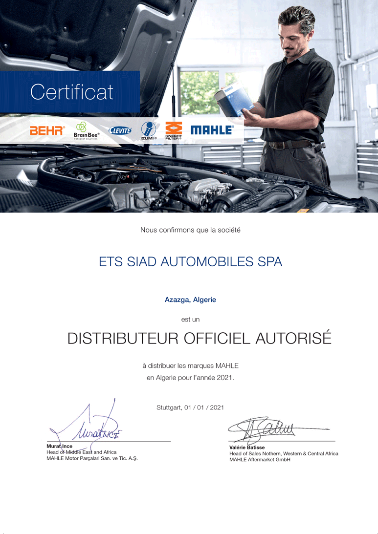 SiadGroupe's tweet photo. #ETS_SIAD_AUTOMOBILES_SPA Azazga, Algérie est'un #DISTRIBUTEUR_OFFICIEL_AUTORISE à distribuer les marques #MAHLE en Algérie pour l'année 2021. https://t.co/OCyy6Ybj8u