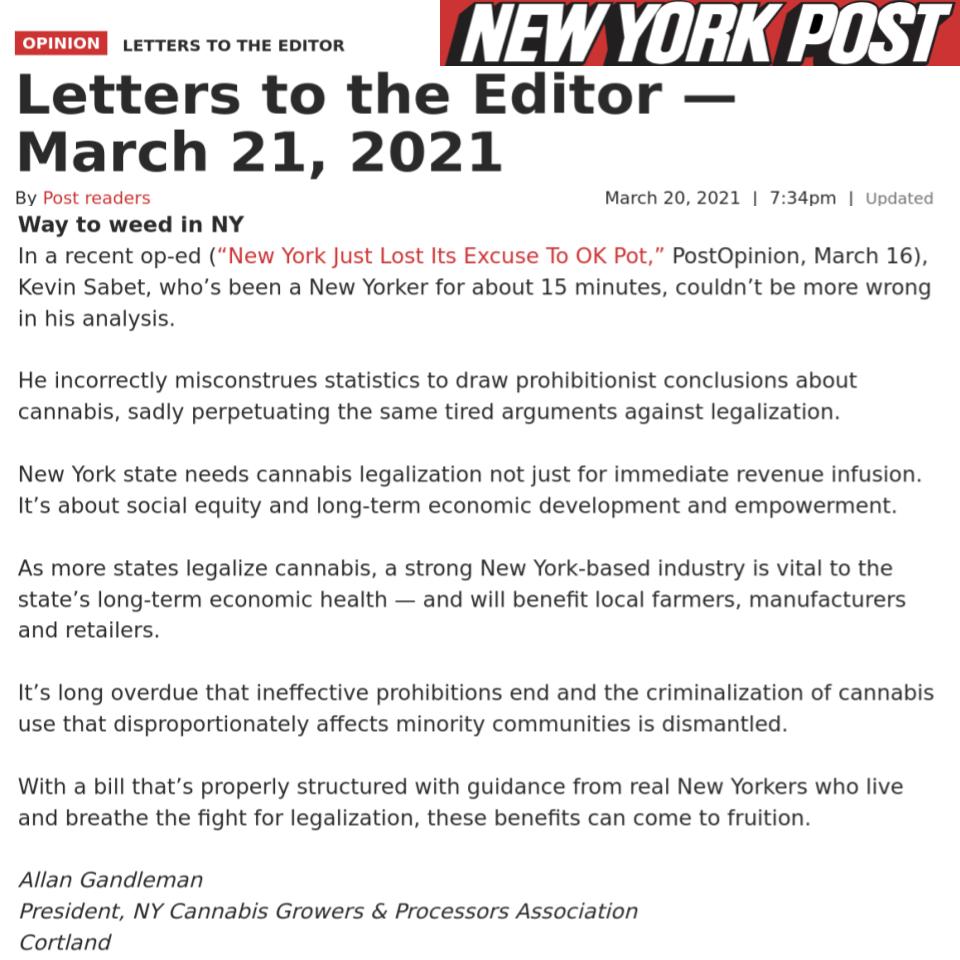NYCGPA Prez <a href="/GandelmanAllan/">Allan Gandelman</a> fires back at #cannabis prohibitionist <a href="/kevinsabet/">Kevin Sabet</a> in this morning's <a href="/nypost/">New York Post</a> for carpetbagging his way to NY and for telling falsehoods about our industry. 
#PassTheMRTA #LegalizeIt #cannabis #Marijuana #Hemp  
nypost.com/2021/03/20/let…