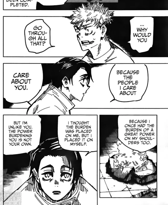 cw jjk manga spoilers

i think what's reflects yuta's selfish nature is that when he lists his reasons, he says "the people /i/ care about care about you" to itadori. he also relates to him, but it's a secondary reason -- before itadori, he's caring for his own friends first. 