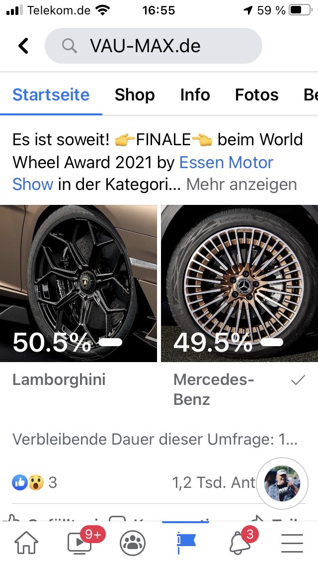 Spannendes Finale beim World Wheel Award präsentiert von VAU-MAX.de und der ESSEN MOTOR SHOW. 

Mercedes und Lamborghini streiten Kopf an Kopf um die erste Krone! Aktuell liegt Lambo mit 50,5 % :49,5 % vorn.  Bis Montag 12.00 abstimmen unter facebook.com/14349979904784…