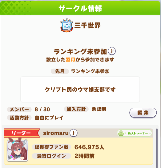 シロ丸 ウマ娘サークル よろしければ是非 楽しく雑談できる方であればどなたでも歓迎です シロ丸 ウマ娘サークル よろしければ是非 楽しく雑談できる方であればどなたでも歓迎です