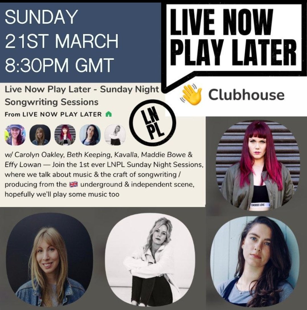Tonight at 8.30pm I will be on #Clubhouse chatting about songwriting and music stuff on <a href="/live_later/">Live Now Play Later</a> Songwriting Sessions alongside the awesome <a href="/bethkeeping/">Beth Keeping</a> <a href="/EffyLowan/">EFFY LOWAN</a> @MissMaddieBowe come join us ✌🏼
joinclubhouse.com/event/mag8DOj5