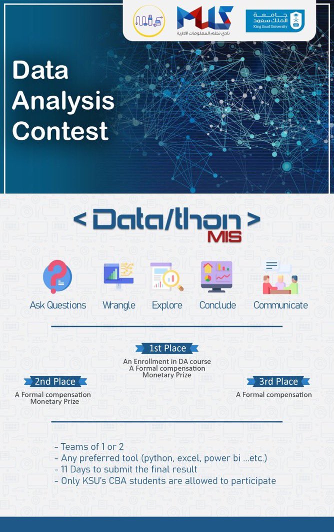 MISologyProject's tweet photo. We are pleased to invite you to Join us in our first #MISDatathon in collaboration with @MIS_Club_KSU ๐ฉโ๐ป๐โจ https://t.co/CsccMrR4Tm
