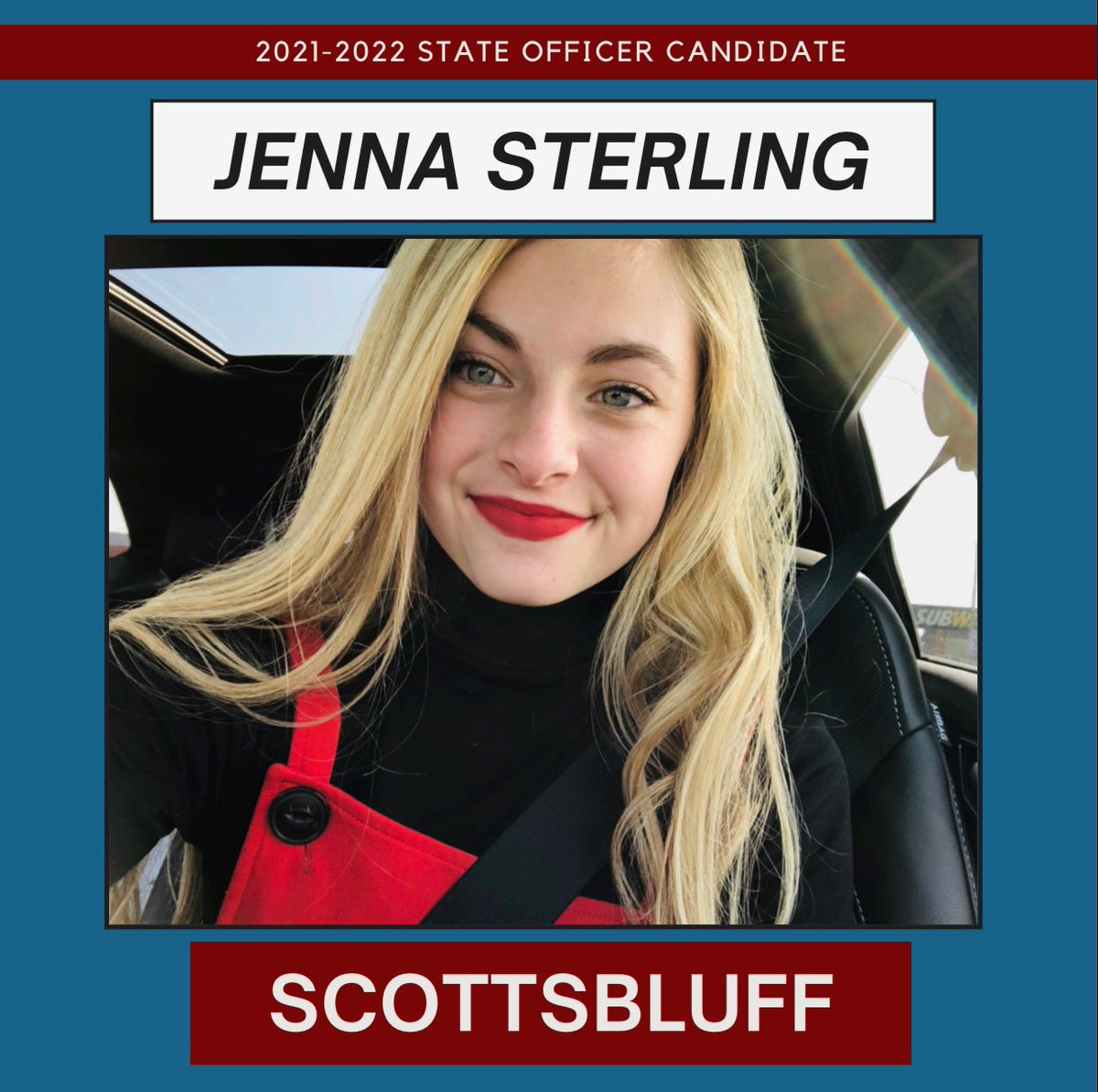 HOSANebraska's tweet photo. Meet Jenna! She is a candidate for the 2021-22 State Officer Team! Be sure to tune into the Closing Session on March 23 to find out who the next team will be! #nehosa https://t.co/9piIYQ1mMy
