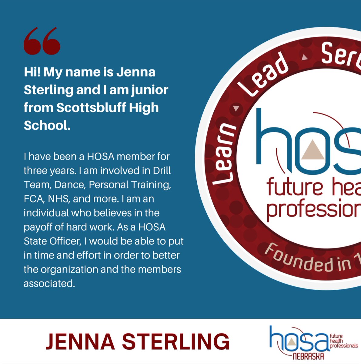 HOSANebraska's tweet photo. Meet Jenna! She is a candidate for the 2021-22 State Officer Team! Be sure to tune into the Closing Session on March 23 to find out who the next team will be! #nehosa https://t.co/9piIYQ1mMy