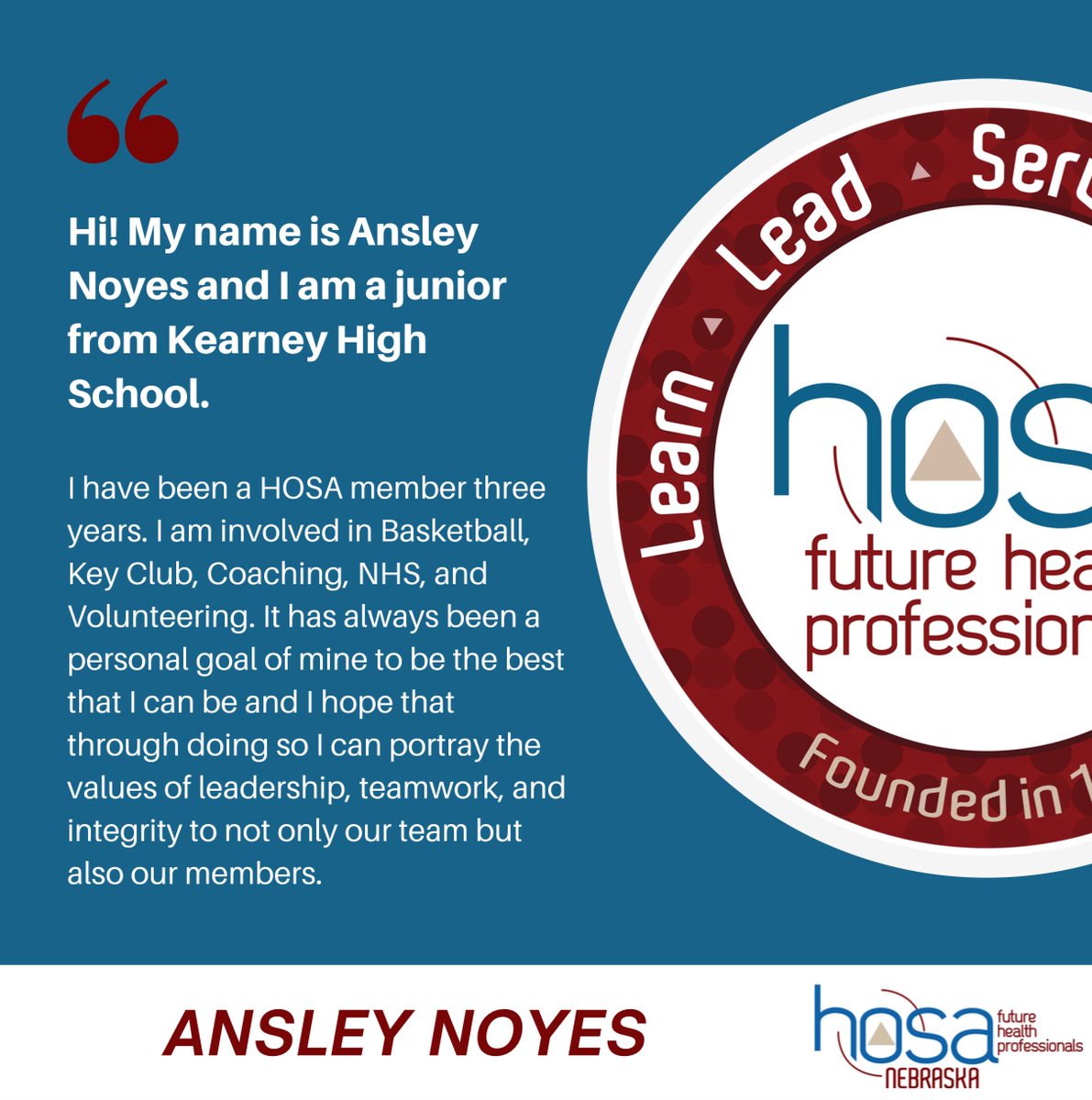 HOSANebraska's tweet photo. Meet Ansley! She is a candidate for the 2021-22 State Officer Team! Be sure to tune into the Closing Session on March 23 to find out who the next team will be! #nehosa https://t.co/6vInq28vfg