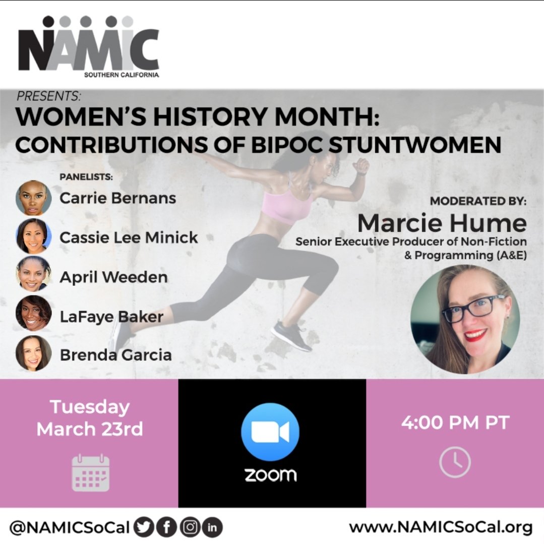 BrendaLGarciaX's tweet photo. Honored to be a part of this and hope you guys will join us too! Register for free here: https://t.co/W6qBJSOjcm
See y'all on Tuesday March 23rd at 4pm PST. #WomensHistoryMonth2021 #stuntwomen @AENetworks @NAMICNational #AENetworks #NAMICSoCal https://t.co/EMxTiQ4rm6