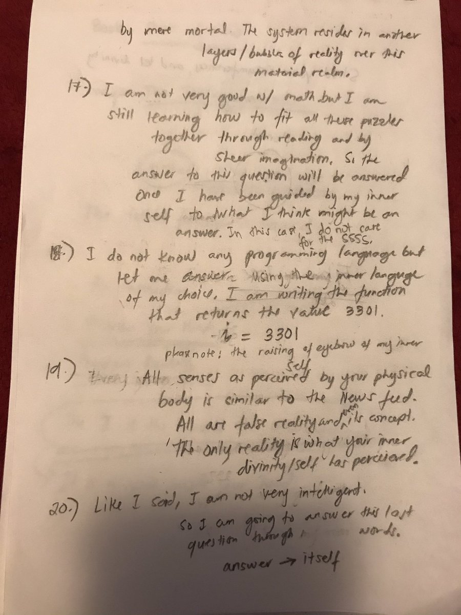 <a href="/1231507051321/">1231507051321</a> Really late to answer these questions but these are my take on it. My inner ramblings. I believe most might wonder what these answers meant but I suspect the upper echelon of your group will know what my answers mean. Please Show this to them. It’s very important to me.