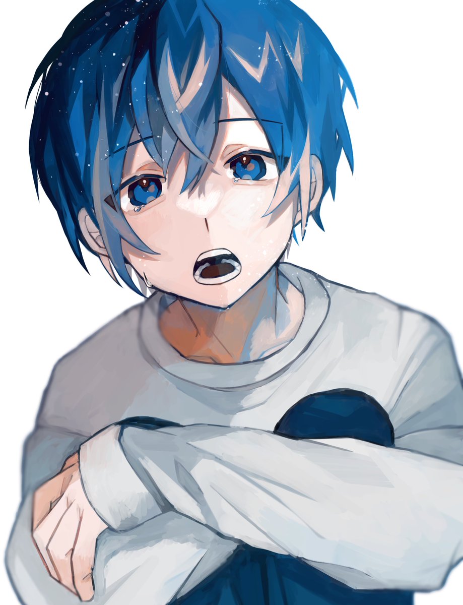 kaito (vocaloid) male focus 1boy blue eyes blue hair solo open mouth white background  illustration images