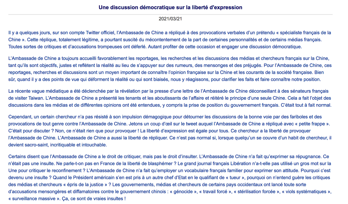 AntoineBondaz's tweet photo. L'Ambassade de 🇨🇳, dans un communiqué, exprime sa "répugnance" à mon égard, me qualifie de "troll idéologique", de "hyène folle" et de "vilain", et m'accuse de les "harceler".

Ces propos sont injustifiables.
Le sentiment d'impunité de l'Ambassade est total.

Un conseil: 适可而止 https://t.co/x7DzQqs7IV
