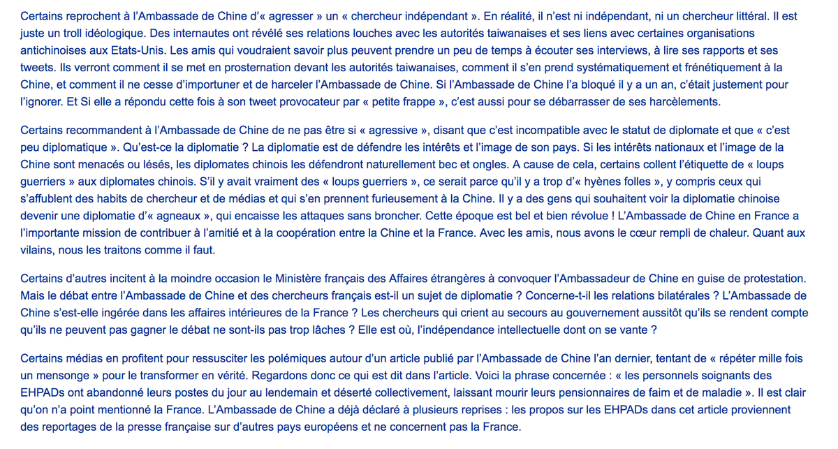AntoineBondaz's tweet photo. L'Ambassade de 🇨🇳, dans un communiqué, exprime sa "répugnance" à mon égard, me qualifie de "troll idéologique", de "hyène folle" et de "vilain", et m'accuse de les "harceler".

Ces propos sont injustifiables.
Le sentiment d'impunité de l'Ambassade est total.

Un conseil: 适可而止 https://t.co/x7DzQqs7IV