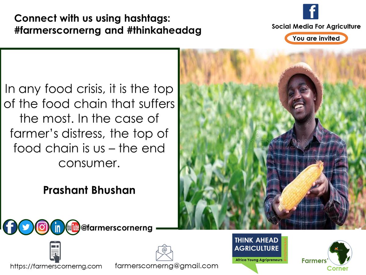 farmerscornerng's tweet photo. #Quoteoftheday
In the case of farmer's distress, the top of food chain is us - the end consumer. - Prashant Bhushan
#quote #foodies #consumer #food #foodchain #foodsafety #foodsupply #farmfood #farm2fork #farm2table #foodwars #foodvalue #thinkaheadag #africa #farmerscornerng https://t.co/W0YUZBbdnI