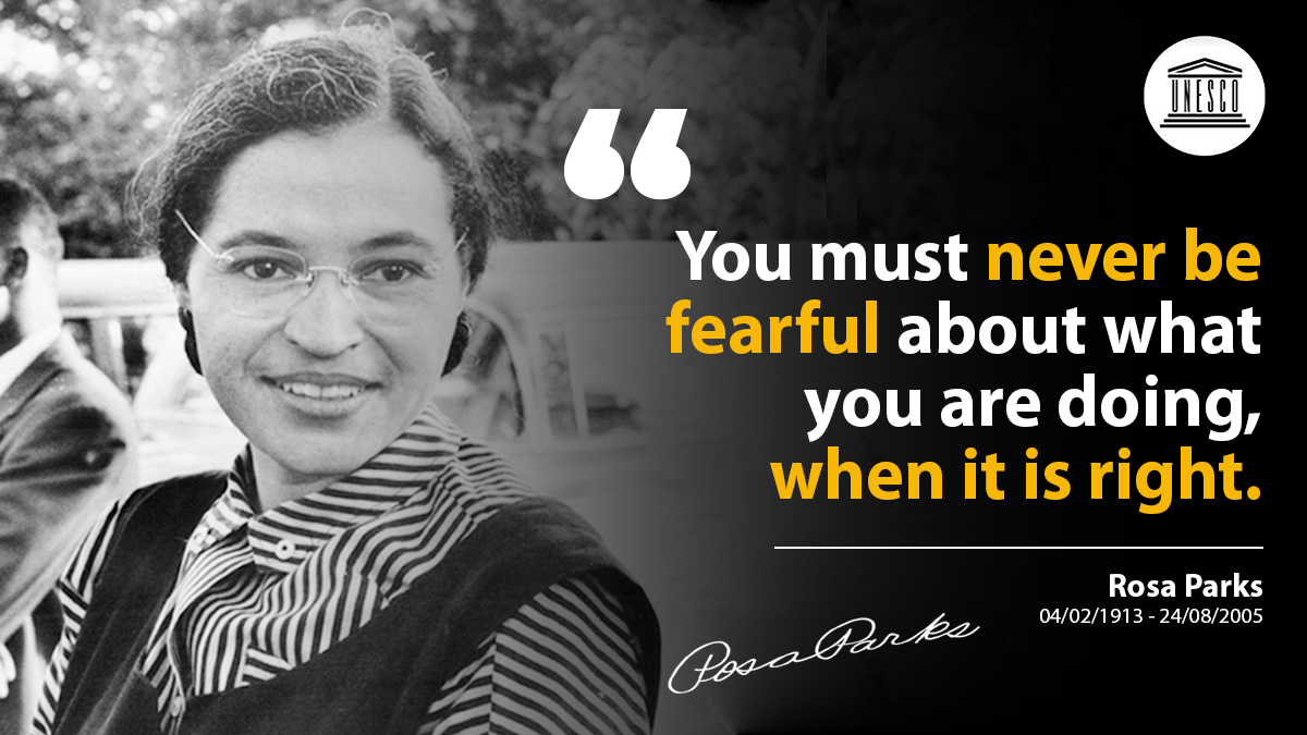 UNESCO's tweet photo. Rosa Parks was arrested for refusing to give her bus seat to a white man.

Be like Rosa Parks.

Stand up for people's right to dignity.

#StandUp4HumanRights.

Together, let's #FightRacism!

https://t.co/FsrTgpIFeT https://t.co/DiD3EOZjmL