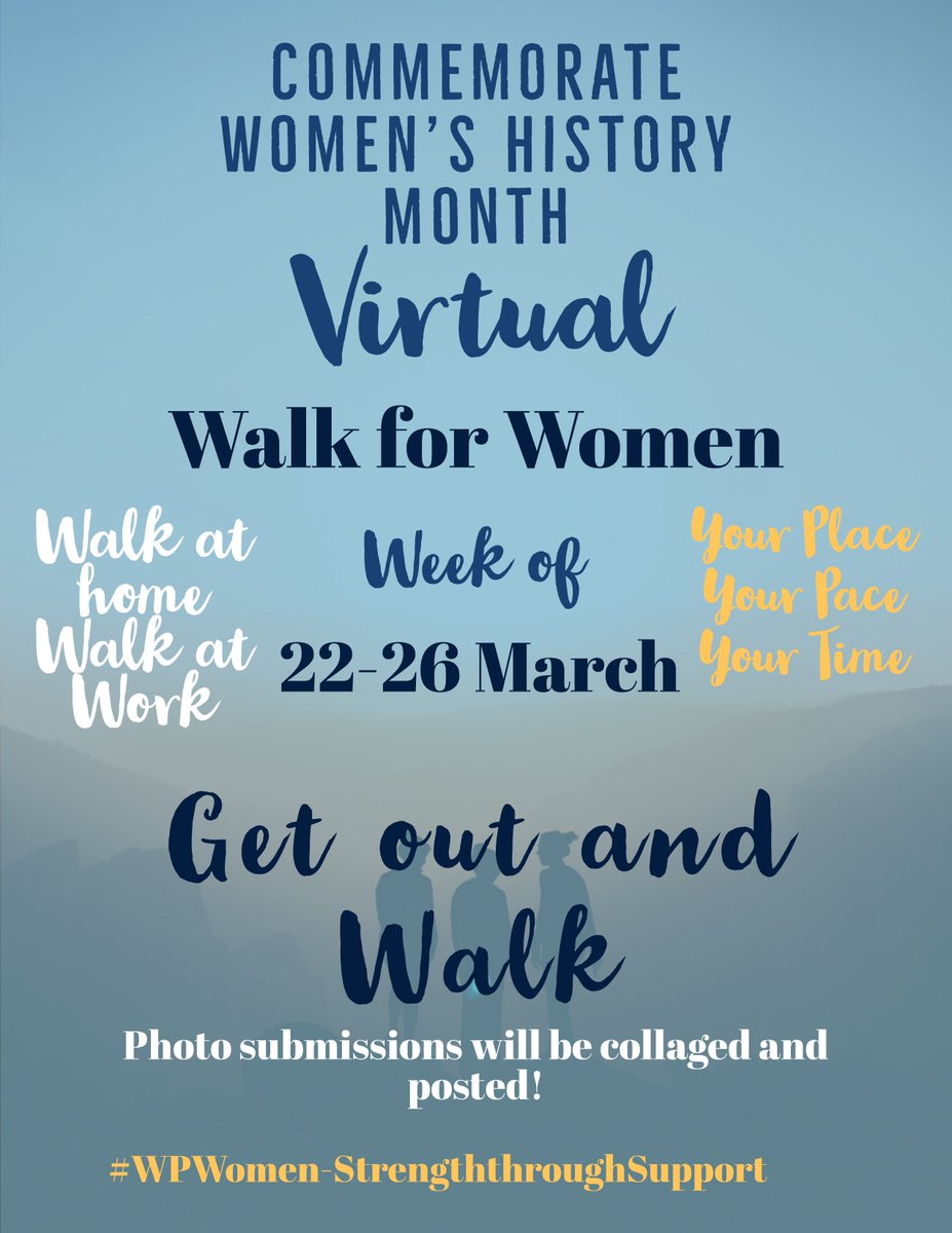 WrightPattAFB's tweet photo. To honor the #women who've shown #StrengthThroughSupport and inspire others, there will be a 5K "Virtual Walk for Women" held March 22-26.

Share a photo of you walking with a comment about a woman who inspires you using #WPWomensHistoryMonth or #WPWomen.
#WPAFB #TeamWrightPatt https://t.co/oGAzDwxMDv