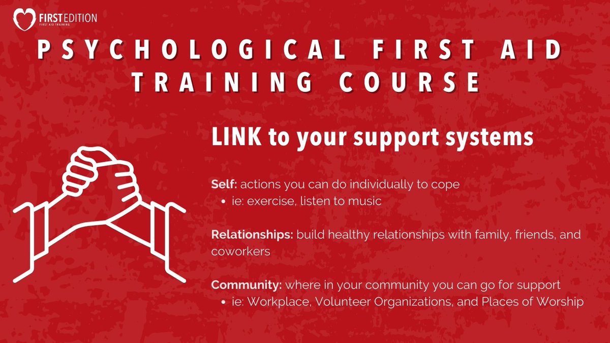 Linking to your support system is an important step in looking after your mental health. 

Where do you turn when you notice signs of stress in yourself or in others?

Register today for our Psychological First Aid course.
calgaryfirstaidtraining.ca/courses/psycho… 

#mentalheath #supportsystem