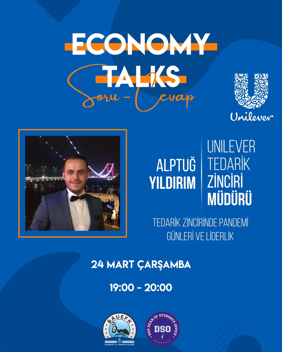 bauefk's tweet photo. Herkese merhaba! 🙋🏼‍♀️
🔸Bu dönemki ilk Economy Talks etkinliğimizde Unilever’da Tedarik zinciri müdürü olan Alptuğ Yıldırım’ı ağırlayacağız. 
🔹Kariyer deneyimleri üzerine gerçekleşecek söyleşimizde soru &amp; cevap kısmında da siz katılımcılarımızla interaktif bir etkinlik.... https://t.co/AW7LHUKAXn