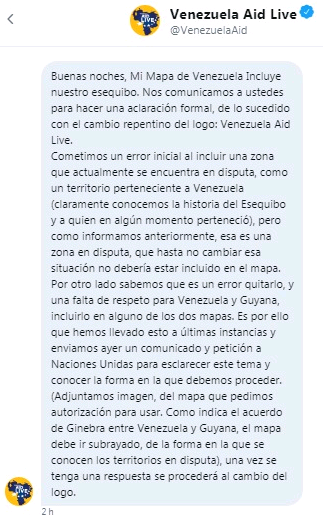 AntroCanal's tweet photo. #UnDiaComoHoy #21Mar 2019 Recibimos un DM de los Organizadores de #VenezuelaAid, el Concierto que se celebró en Cúcuta, quienes poseían un logo con el Mapa de Venezuela integro y luego eliminaron el Esequibo.
Indicaron que fue un error su inclusión. #MiMapa https://t.co/2k6QxPyPmB