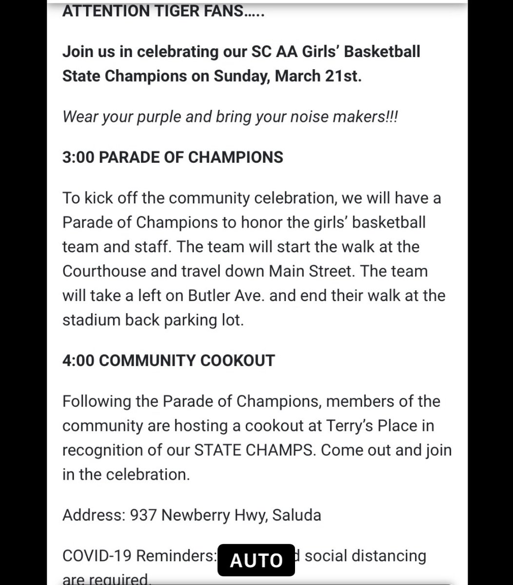 SaludaCounselor's tweet photo. 🚨ATTENTION🚨
IMPORTANT INFORMATION FOR THOSE JOINING US FOR TODAY’S COMMUNITY CELEBRATION OF THE STATE CHAMPION @SaludaHigh LADY TIGERS! #SHSTigerPride #OneSaluda https://t.co/JDtzi5SFfF