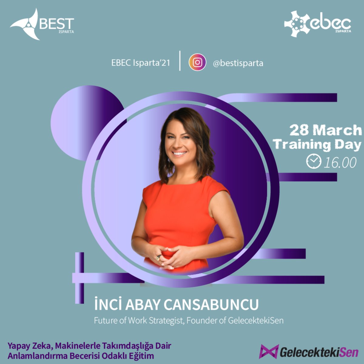 EBEC Isparta’21 etkinliğimizin 28 Mart 16.00'da olan oturumunda eğitmenimiz İnci Abay Cansabuncu bizlerle "Yapay Zeka, Makinelerle Takımdaşlığa Dair Anlamlandırma Becerisi Odaklı" eğitimini verecektir.

Katılım Formu: docs.google.com/forms/d/e/1FAI…
<a href="/inciabay/">İnci Abay Cansabuncu</a> <a href="/SenGelecekteki/">GelecektekiSen</a>