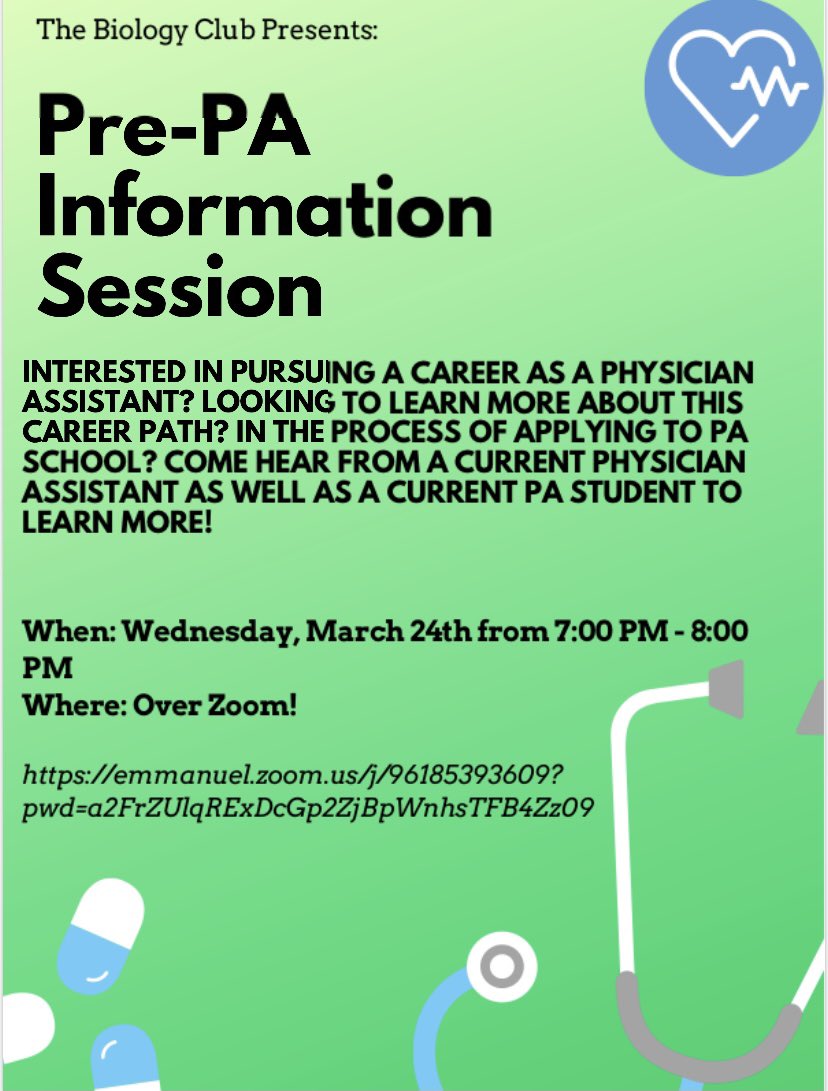 ECBioClub's tweet photo. Join us this Wednesday March 24th from 7:00 PM - 8:00 PM over zoom for our Pre-PA information session! We will be discussing what is means to be a PA as well as the application process to get there. Hope to see you there! 🩺🧬 https://t.co/AVJ9uhl5PM