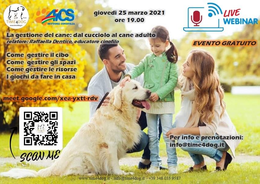 Time4Dog's tweet image. La gestione del cane: dal cucciolo al cane adulto
Come  gestire il cibo
Come  gestire gli spazi
Come gestire le risorse  
I giochi da fare in casa
questo il link per il collegamento:
meet.google.com/xea-yxtt-rdv
relatore Raffaella Dentico, educatore cinofilo
#time4dog #puppy #webinar