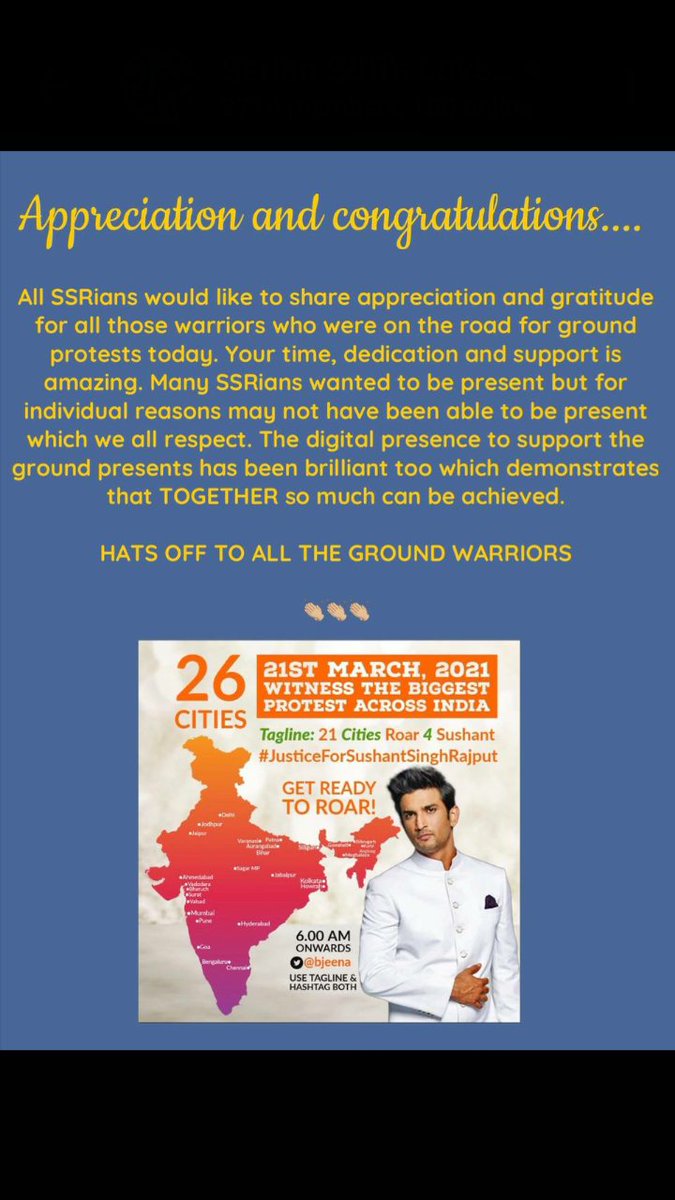 theAbhinav20's tweet photo. Congratulations to all the ground warriors for the tremendous success of the protest..🙌🔥❤️

#JusticeForSushantSinghRajput 💛

@chitvansolanki 
@IamChaitali321 
@selfmusingfan 
@Nyay4SSR 
@Ssr_truth 
@hey_its_prachi 
@ssrkruti 
@sushiiisalive 
@Sushkibahara 
@Sushholic_Sneha https://t.co/pFR4YXRlxB