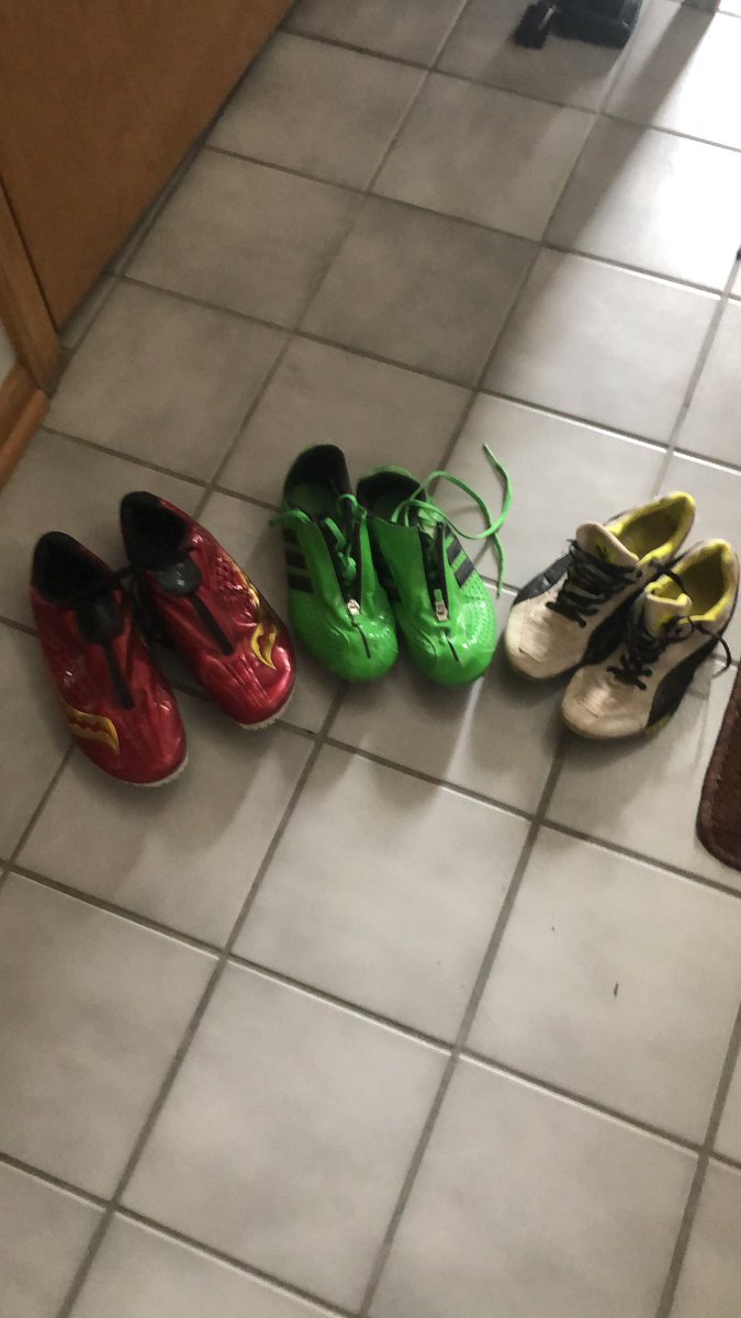whouch03's tweet photo. #speedseason in our house. So pumped that the three youngest kiddos in my house get to lace up the spikes starting this week! All three pairs are their older brother’s used spikes. All somehow fit the other three at the same time = WIN!! #feedthecatsfamily https://t.co/tOf9Yu7gRu