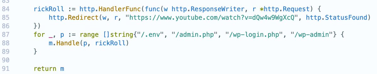 wuhan005's tweet image. 翻 #Sourcegraph 源码，在路由里发现一个有趣的彩蛋。🤣

“以为我是 WordPress？你被骗了！Never Gonna Give You Up~ Never Gonna Let You Down~”