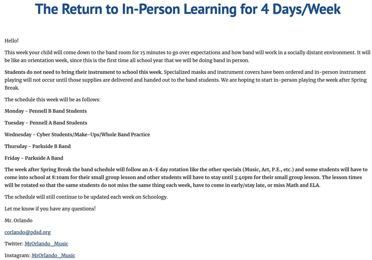There will be in-person band lessons this week! If you are a <a href="/PDSD_Pennell/">Pennell Penguins</a> or <a href="/ParksideES/">Parkside Elementary</a> band family, please read this message and let me know if you have any questions! Make sure to check your Schoology and the band Schoology page as well!