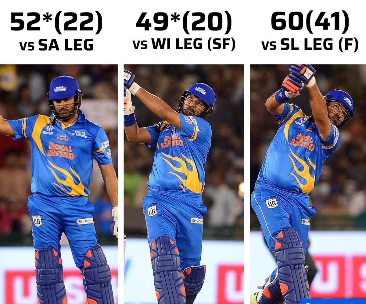 Scan_all's tweet photo. #INDLvSLL 52*(22) vs SA
49*(20) vs WI
60(41) vs SL

Years changed, generations changed
But same old Yuvraj Singh 🇮🇳🦁

#INDLvSLL #IndiaLegends #RoadSafetyWorldSeries #YuvrajSingh https://t.co/9LzAF75wl3