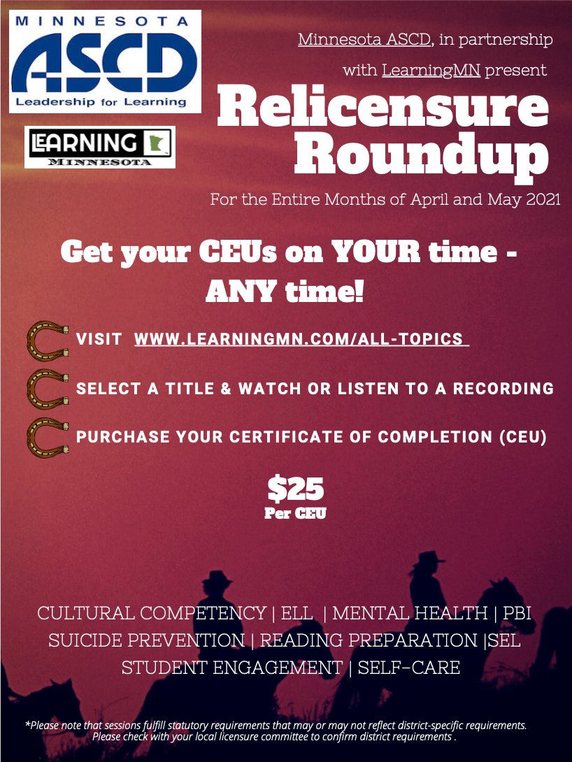 Minnesota ASCD (@minnesotaascd) on Twitter photo Starting April 1st, we're offering #RelicensureRoundup for all Minnesota educators alongside <a href="/LearningMN/">LearningMN</a>. Take advantage of the ability to learn - and earn - on your own time! Starting April 1st, we're offering #RelicensureRoundup for all Minnesota educators alongside <a href="/LearningMN/">LearningMN</a>. Take advantage of the ability to learn - and earn - on your own time!
